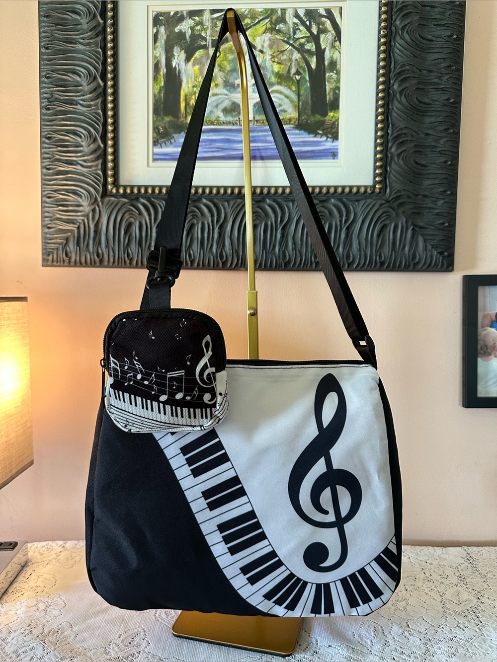 Black & White Musical Treble Clef Shoulder/Crossbody Bag with Small Pouch.